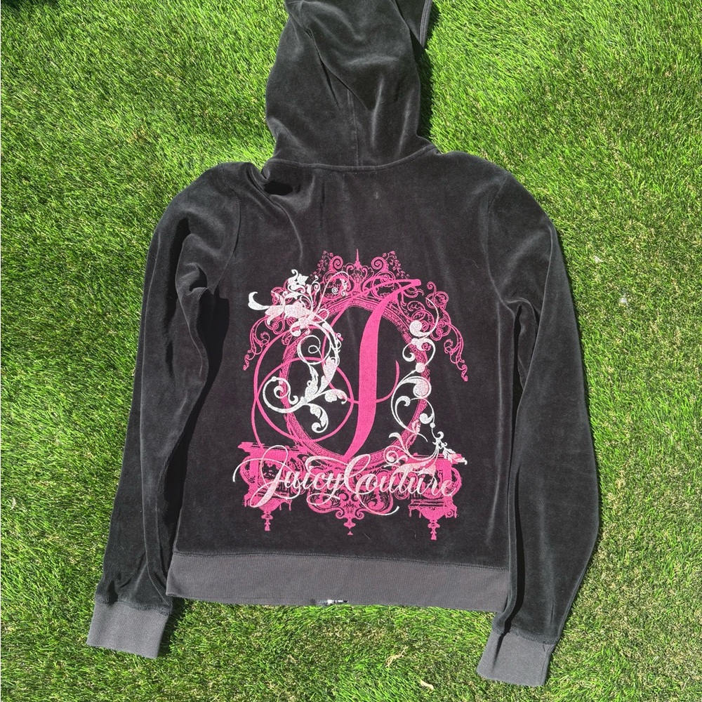 Juicy Couture Black Velour Hoodie with Pink & White Crest